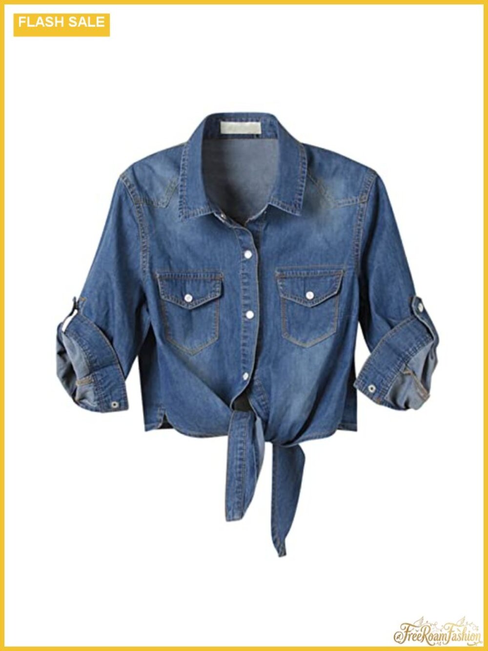Women's 3/4 Sleeve Denim Shirt Tie Front Crop Chambray Cardigan Buttons